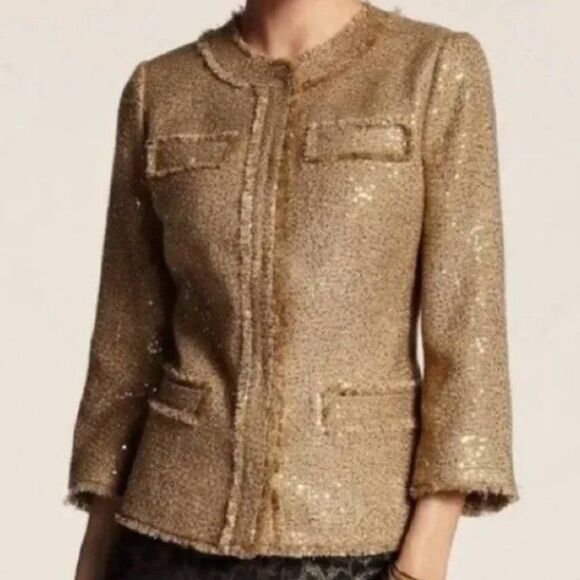 Chico’s Gold Boucle with Gold Sequins Jacket, Size 1 - Picture 2 of 10